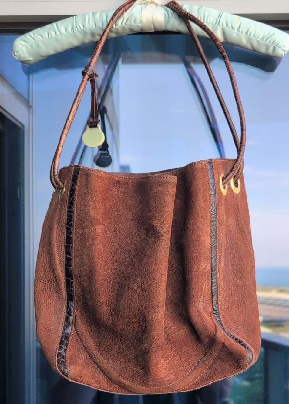 Brahmin Brown Suede and Croc Embossed Leather Trim  Hobo Bag